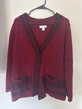 CJ Banks Women's 1X Red Black Fair Isle Nordic Cardigan Sweater Toggle